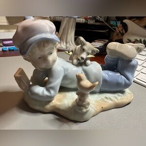Paul Sebastian Boy Reading Book Puppy Bird Figurine 1991 Vintage Home Decor